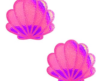 Pink Neon Nights Blacklight Iridescent Mermaid Shell Nipple Cover Pasties Raves Festivals Costumes Cosplay Waterproof