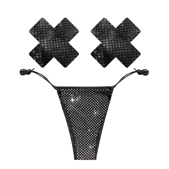 Sparkle Jewel Crystal Mesh Naughty Knix High Waisted Tie Pantie Lingerie  Swimsuit With Chainmail Matching X Pasties for Raves and Festivals 