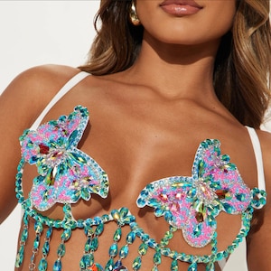 Enchanted Butterfly Beaded Sparkle Carnival Bra for Festival Rave Halloween Costume Pink Blue Jewels and Crystals