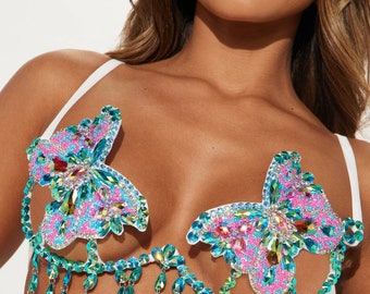 Enchanted Butterfly Beaded Sparkle Carnival Bra for Festival Rave Halloween Costume Pink Blue Jewels and Crystals