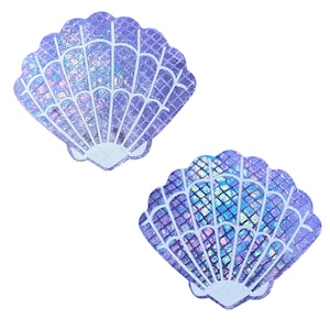 Purple Mother Of Pearl Holographic Mermaid Shell Nipztix Pasties Nipple Covers For Halloween Costumes, Outfit, Rave, Festivals, Waterproof