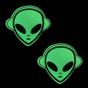 Glow In The Dark Kanye Green Alien Face Nipztix Pasties Nipple Covers Stickers For Raves, Festivals, Halloween, Cosplay and More! Waterproof