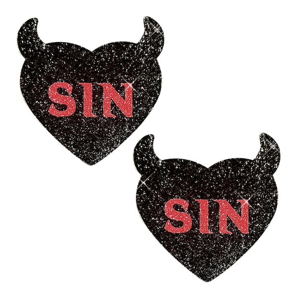 Sin City Red Black Devil Glitter Heart Nipple Cover Pasties for Raves Festivals Halloween Costume and More Waterproof