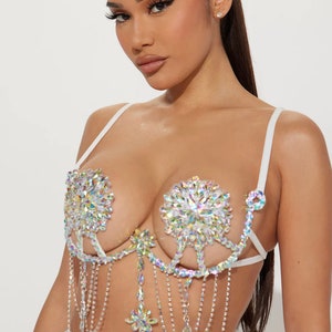 Winterfell Clear Iridescent Shiny Crystal Blacklight Rave Festival Parade Costume Handmade Carnival Bra Bralette For Halloween and Costumes