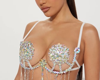 Winterfell Clear Iridescent Shiny Crystal Blacklight Rave Festival Parade Costume Handmade Carnival Bra Bralette For Halloween and Costumes