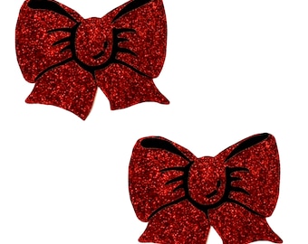 Ravish Me Red Sexy Santa Glitter Bow Gift Ribbon Nipple Cover Pasties For Raves, Festivals, Costumes, Halloween and more! Waterproof