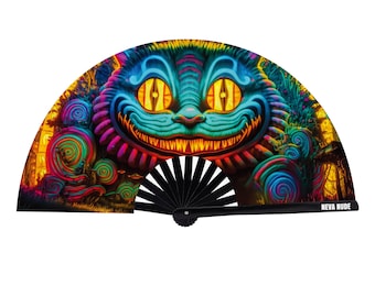 We're All Mad Here Cheshire Cat Wonderland Neon Blacklight Large Folding Fan For Raves Festivals - Hand Fan UV