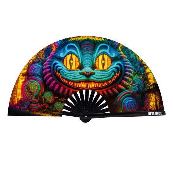 We're All Mad Here Cheshire Cat Wonderland Neon Blacklight Large Folding Fan For Raves Festivals - Hand Fan UV
