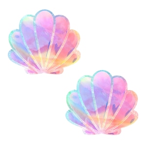 May include: Two iridescent pastel pink seashell shaped stickers. The shells have a holographic finish and are perfect for adding a touch of whimsy to any project.