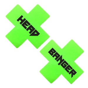 Head Banger On Apple Neon Blacklight UV Bright Green Wet Vinyl X Nipple Cover Pasties Stickers For Raves, Festivals and Costumes. Waterproof