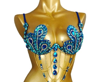 Paon bleu vert, pierres précieuses en cristal brillant, costume de défilé du festival Blacklight Rave, soutien-gorge de carnaval fait main