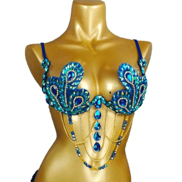 Blue Green Peacock Shiny Crystal Gemstone Blacklight Rave Festival Parade Costume Handmade Carnival Bra