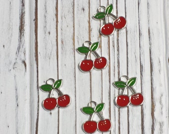 Cherry Charm, Alloy Enamel Pendant, Jewellery Supplies, DIY, Overstock, Charms, Lead Free and Cadmium Free - 5 pcs