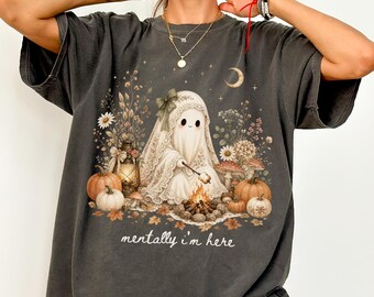 Ghost Fall Comfort Colors® Shirt Floral Boho Cozy Season Pumpkin T-shirt Autumn Lover TShirt Vintage Ghost With Flowers Thanksgiving Tee