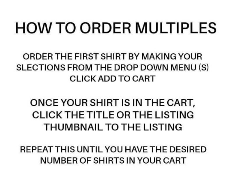 K&ouml;nnte beinhalten: Anleitung zum Bestellen mehrerer Shirts in einem Online-Shop. Der Text erkl&auml;rt, wie man das erste Shirt in den Warenkorb legt und dann weitere Shirts in den Warenkorb legt, indem man auf den Titel oder das Vorschaubild der Liste klickt.