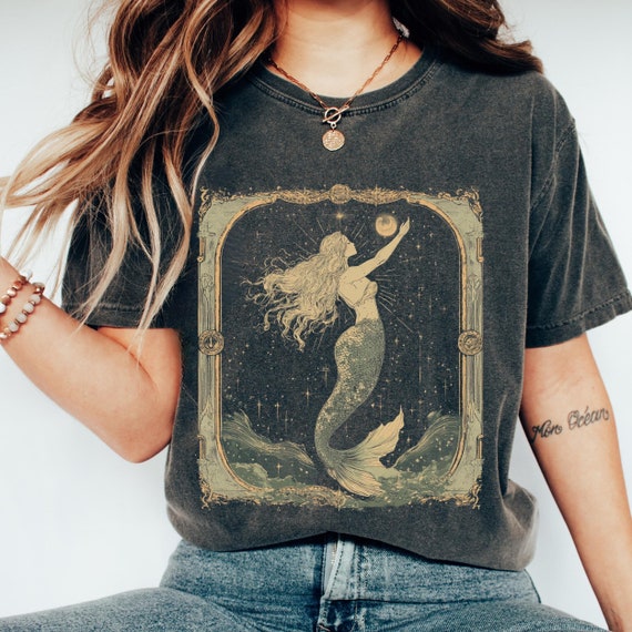Mermaid Shirt, Moon Phase Shirt, Witchy Clothes, Celestial tshirt, Trendy Aesthetic Pullover Graphic Tee Cottagecore Clothing
