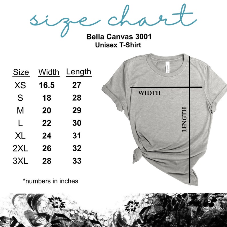 K&ouml;nnte beinhalten: Gr&ouml;&szlig;entabelle f&uuml;r ein Unisex-T-Shirt von Bella Canvas 3001. Die Tabelle zeigt die Breite und L&auml;nge in Zoll f&uuml;r die Gr&ouml;&szlig;en XS bis 3XL.