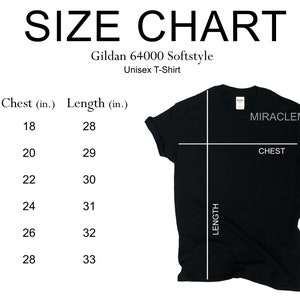 Puede incluir: Tabla de tallas para la camiseta unisex Gildan 64000 Softstyle. La tabla muestra las medidas de pecho y longitud en pulgadas para las tallas S, M, L, XL, 2XL y 3XL.