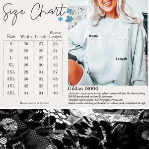 May include: Size chart for a Gildan 18000 sweatshirt, showing measurements in inches for width, length, and sleeve length for sizes S through 5XL. The chart lists the fabric as 50/50 preshrunk cotton and polyester, with heather sport colours being 60/40 polyester/cotton. It also mentions double-needle stitching at the shoulders, armholes, neck, waistband, and cuffs.