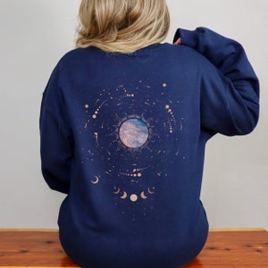 Moon Phase Hoodie Sweatshirt, Witchy Clothes, Celestial Sweatshirt, Trendy Aesthetic Pullover Graphic Hoodie, Cottagecore Clothing Navy