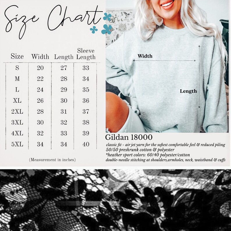 May include: A size chart for a sweatshirt, with measurements in inches. The chart lists sizes S to 5XL, with width, length, and sleeve length measurements. The image also shows a light grey sweatshirt and details about the fabric.