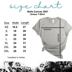 May include: Size chart for a Bella Canvas 3001 unisex t-shirt. The chart shows the width and length measurements in inches for sizes XS to 3XL.