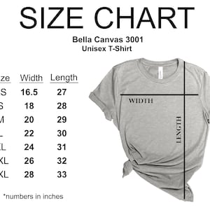 May include: A size chart for a Bella Canvas 3001 unisex t-shirt, with measurements in inches. Sizes range from XS to 3XL, with corresponding width and length measurements. The chart includes a graphic of the t-shirt with width and length indicators.