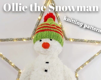 Knitted toy knitting pattern for Ollie the Snowman, PDF download