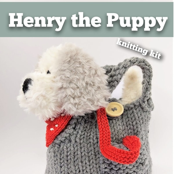 Kit de tricot pour fabriquer votre propre Henry the Puppy Dog et son sac de transport - motifs faciles à tricoter