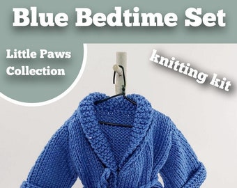 Knitting Kit Blue Bedtime Set. Teddy Bear Bedtime knitting kit. Easy to knit kit. Easy Knit Pattern. Hand knitting. Bear knitting kit