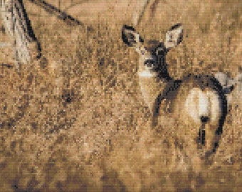 Deer in Fall Cross Stitch Pattern ~ PDF, Instant download, Autumn, Doe, Fawn, Elk, White tail, Antelope, Western, Hunting season, Mule deer
