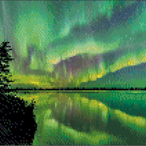 Aurora and Pines Cross Stitch Pattern ~ PDF, Instant download, Aurora borealis, Northern lights, Canada, Night sky, Alaska, Forest, Yukon.