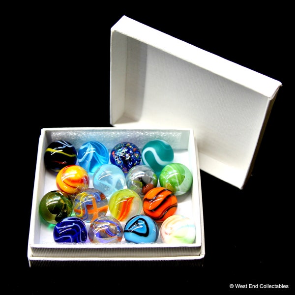Boxed Set of 16 x 16mm Glass Marbles Marble Collection Starter Set - Beautiful Art Craft Jewellery Pendant Stones