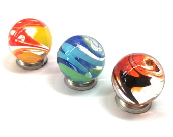 3 x 16mm (0.5") Handmade Surface Swirl Marbles - Glass Art Marbles & Gift Bag - Art Glass Marble Collectors Set Jewellery Pendant Stone