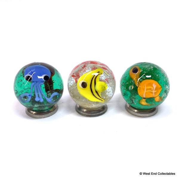 3 x 16mm (0.5") Handmade Ocean Sea Creature Marbles - Art Glass Marble Collectors Set Jewellery Pendant Stone Octopus Fish Turtle