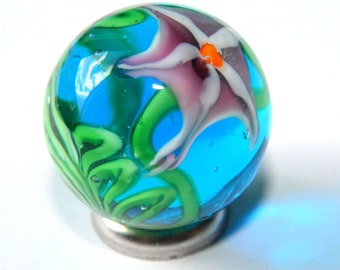 22mm (0.9") Aqua Lily Handmade Glass Marble - Stunning Detail - Earring Jewellery Necklace Pendant Craft Stone