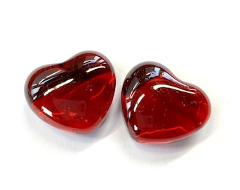 Pair of 25mm (1") Red Glass Art Love Hearts - Beautiful Wedding Favour Valentines Gift Jewellery Stone / Pendant Sculpture