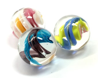 3 x 16mm (0.5") Handmade Swirl Marbles - Twist Spiral Glass Art Marbles & Gift Bag - Art Glass Marble Collectors Set Jewellery Pendant Stone