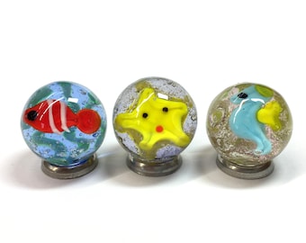 3 x 16mm (0.5") Handmade Sea Life Marbles - Art Glass Marble Collectors Set Jewellery Pendant Stone Starfish Fish Seahorse