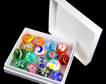 Boxed Set of 16 x 16mm Handmade Glass Art Marbles - Unique Art Jewellery Pendant Stones