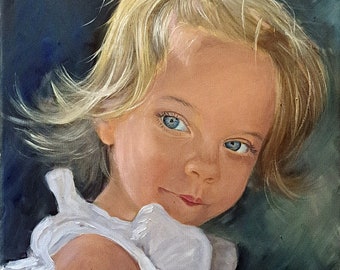 May include: Oil painting portrait of a young child with blonde hair and blue eyes. The child is wearing a white dress and a pink hair clip. The background is a dark, blended mix of blues and greens.