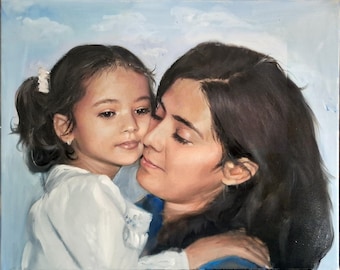 May include: A painting of a woman and a young girl. The woman is holding the girl close and they are both looking at the viewer. The woman has long dark hair and is wearing a blue shirt. The girl has dark hair and is wearing a white dress.