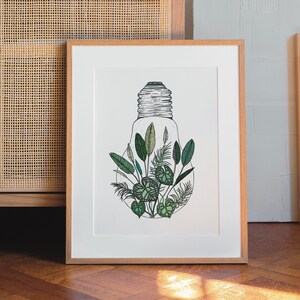 House Plant Lightbulb Art Print Botanical Wall Art Boho Art Plant Lady Print Jungle Monstera Drawing Pen Illustration Bohemian Vintage Art image 2