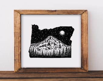 Impresión artística de Oregon State + Mt. Hood, dibujo de la naturaleza