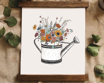 Floral Watering Can Art Print Wildflowers Artwork Floral Illustration Botanical Vintage Inspired Art, Whimsical Art, Garden Print