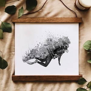 Coral Reef + Scuba Diver Art Print Scuba Diver Gift, Scuba Diving, Scuba Print Coral Reef Art Coral Print, Coral Illustration, Coastal Decor