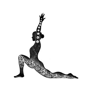 May include: A black silhouette of a person in a yoga pose, with a starry sky and mountain range inside the silhouette. The person's arm is raised, and the phases of the moon are depicted on the arm.