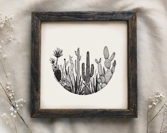 Cactus Circle Art Print - Succulent Wall Art, Cactus Landscape Illustration, Plant Lover Art Print, Pen and Ink Drawing, Southwest Wall Art