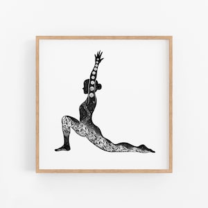 May include: Black and white illustration of a person in a yoga pose, with a starry sky and mountains inside their silhouette. The person's arm is raised above their head, and they have a moon phase design on their arm.