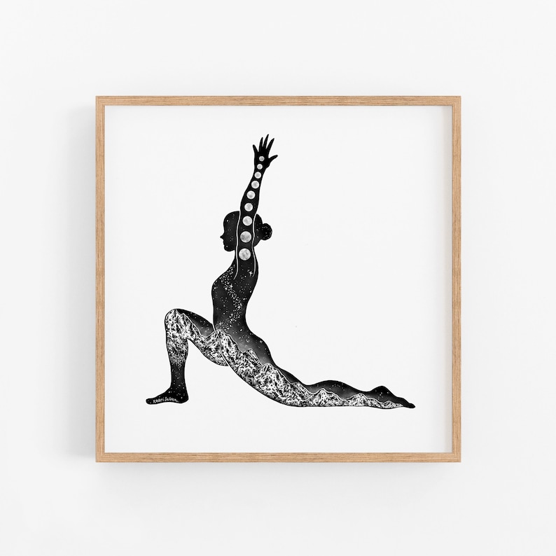 May include: Black and white illustration of a person in a yoga pose, with a starry sky and mountains inside their silhouette. The person's arm is raised above their head, and they have a moon phase design on their arm.